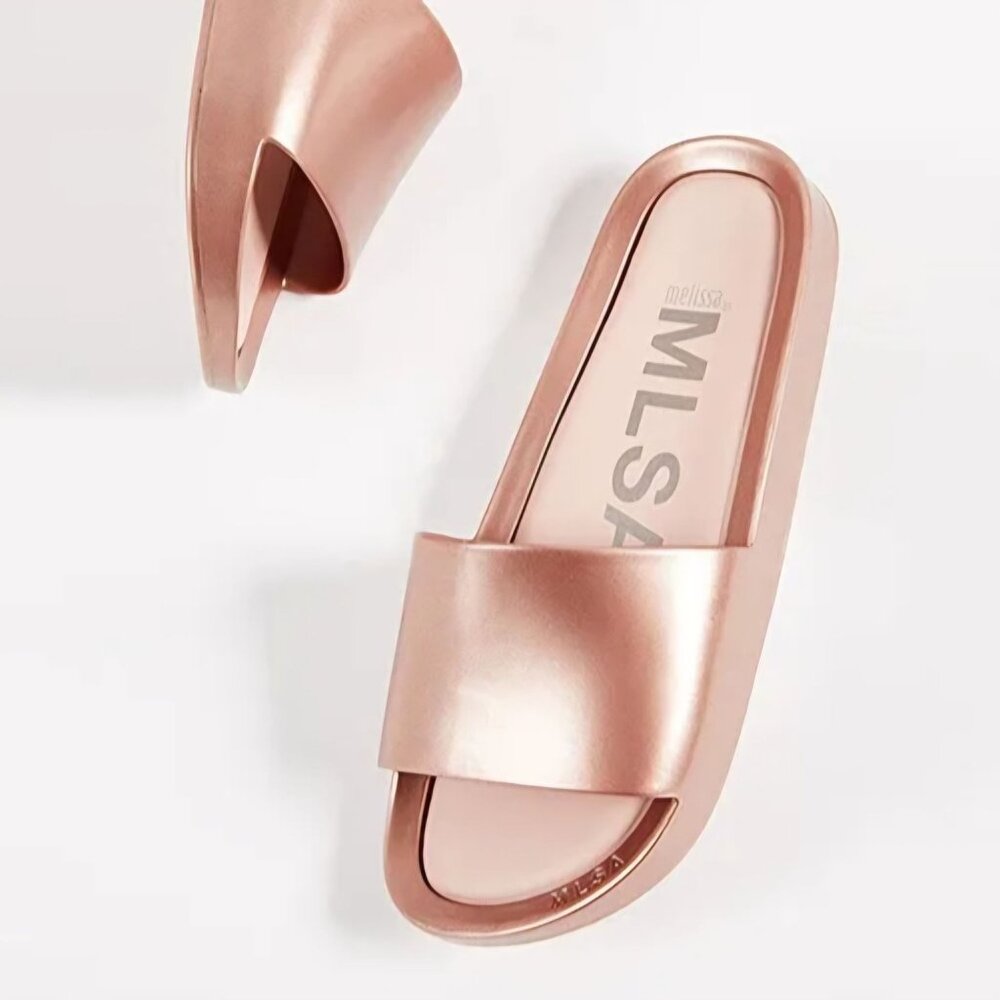 Melissa Women Beach Metallic Rose Gold  Open Toe Slip on Slide Sandal  Size 8